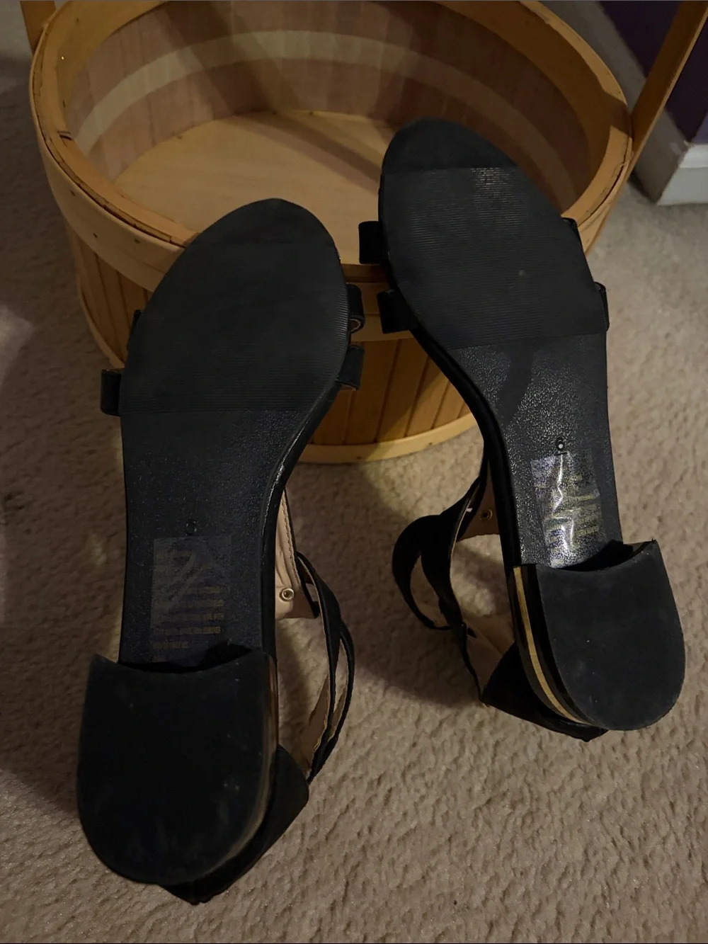 EUC Women's Black Strappy Open-Toe Heels with Gold Accent